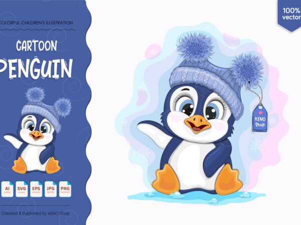 Cute cartoon penguin. t-shirt, png, svg.