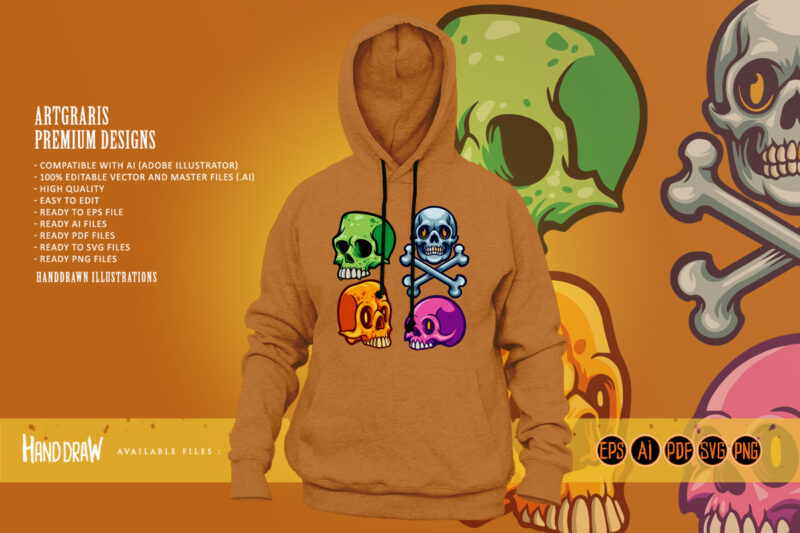 Cartoon skull set colorful illustrations