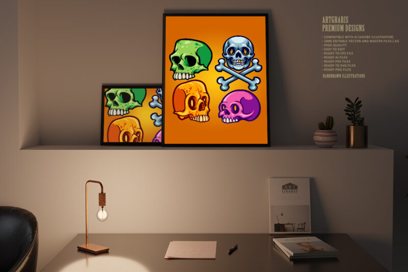 Cartoon skull set colorful illustrations