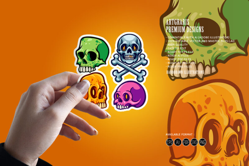 Cartoon skull set colorful illustrations