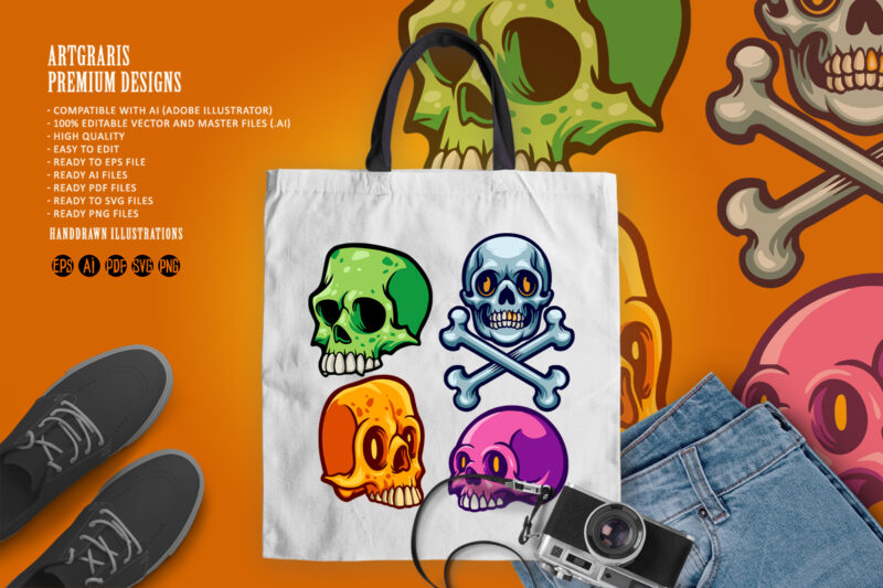 Cartoon skull set colorful illustrations