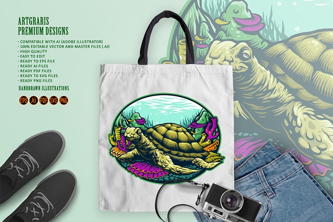 Turtle Under Water Logo Mascot