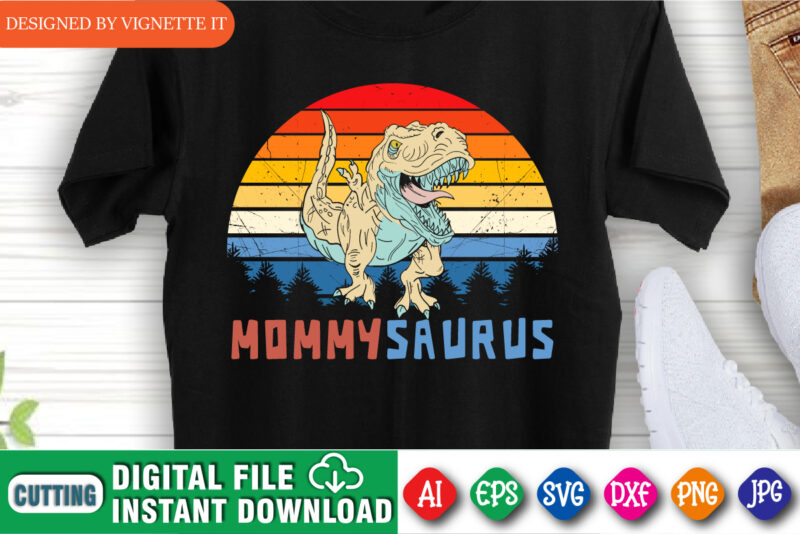 Mommy Saurus T shirt design, t rex vector, happy mother’s day, animal print, silhouette background, dinosaur lover design, mom shirt print template, mommy dinosaur, jungle tree