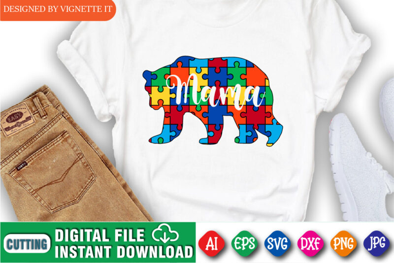 Autism Mama Bear, DIY Awareness Mom T Shirt, Cute Puzzle Bear Cub Design, Autism awareness puzzle, puzzle pattern print template, mother’s day shirt, mom shirt