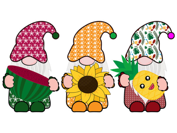 Summer gnomes with watermelon, sunflower & pineapple t shirt template vector