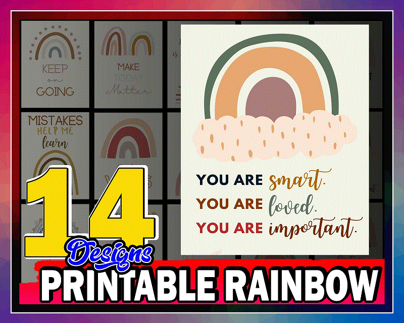 14 Printable Rainbow Designs, Classroom Decor, Printable Rainbow Learning Posters, Keep On Learning, Positive Vibes, Digital Design 1052061243