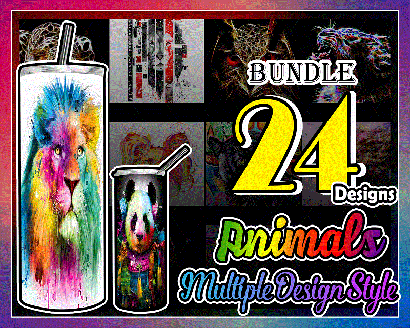 Combo 24 Animals Multiple Design Styles, 20oz Skinny Straight,Template for Sublimation,Full Tumbler, PNG Digital Download 1014533239