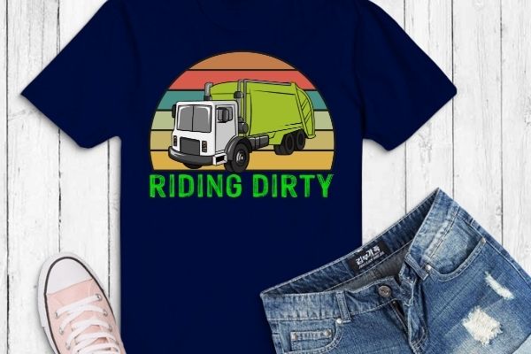 Riding dirty Retro Vintage Sunset Recycling Trash Garbage Trucks T-Shirt design svg, Vintage, Sunset, Recycling, Trash, Garbage truck, vector eps