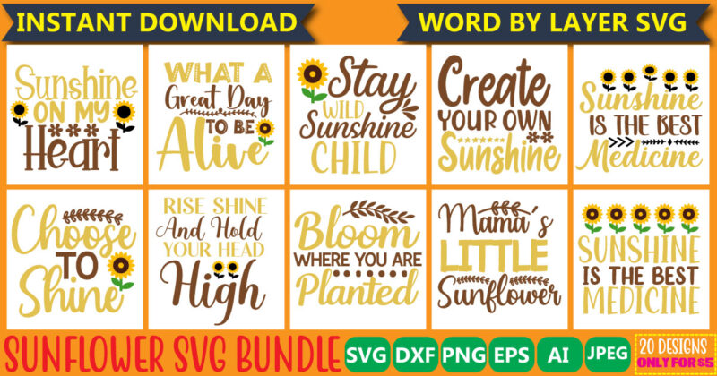 Sunflower svg Bundle, 20 svg bundle svg vector t-shirt design,Sunflower svg, half sunflower svg, sunflower monogram svg, sunflower quote svg, Cricut, Commercial use Cut files,Sunflower SVG,Floral,Bundle,T-shirt,Vinyl,Vector,Graphic,Cricut,Silhouette,Digital,Commercial use,Instant download,Sunflower Designs Svg