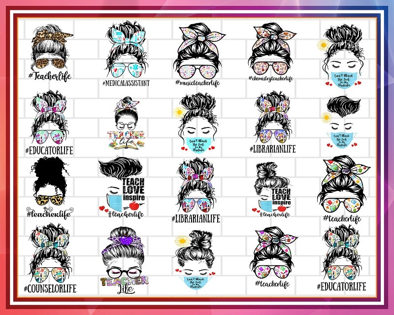 Bundle 40 Designs PNG, Teacher Life png, Messy Bun png, Leopard Bandana png, Women Glasses png, Loved Mama, Design download 980884000