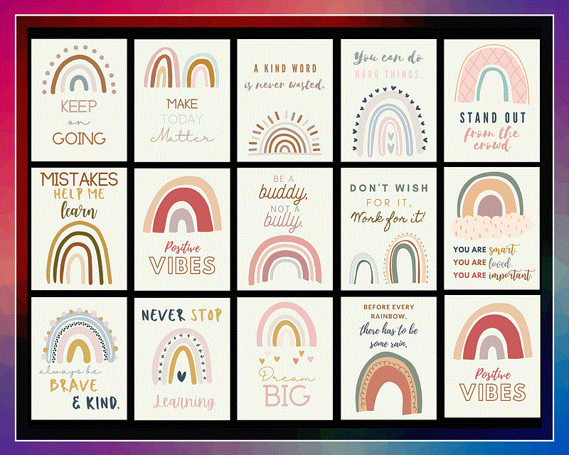 14 Printable Rainbow Designs, Classroom Decor, Printable Rainbow Learning Posters, Keep On Learning, Positive Vibes, Digital Design 1052061243