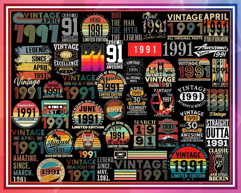 400 Vintage 1991 png Bundle, Born in 1991, Vintage Birthday, Happy Birthday, Vintage Retro 30 years birthday, Digital Download 1021779371