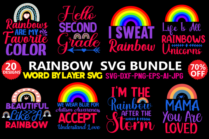 Rainbow Svg Bundle, Svg Vector T-shirt Design ,weather Svg,rainbow,cut File,kids,baby,pngt-shirt Design ,printable,cricut,silhouette,commercial Use,instant Download,rainbow Svg Bundle, Rainbow Designs Svg File, Rainbow Svg For Cricut, Boho Rainbow Svg File, Png, Cut