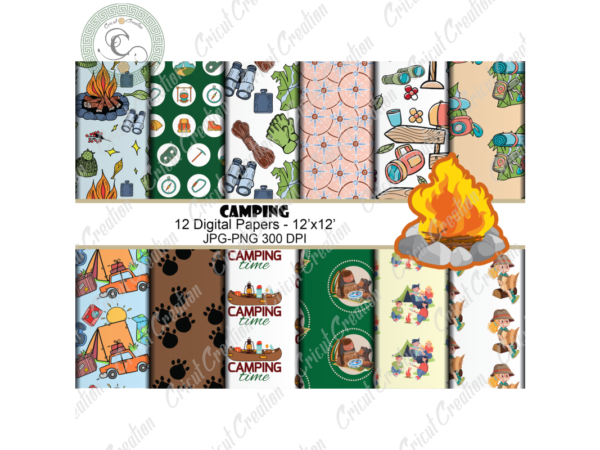 Camping patterns, 12 digital papers jpg – png diy crafts, campfire patterns png files for cricut, camping day patterns silhouette files, trending cameo htv prints t shirt vector file