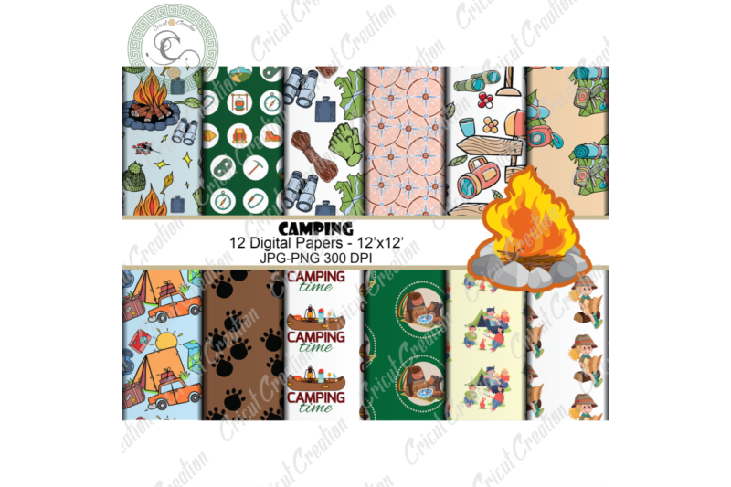 Trending gifts, 12 Camping Digital Papers JPG – PNG Diy Crafts, Campfire pattern Svg Files For Cricut, Camping Day Pattern Silhouette Files, Trending Cameo Htv Prints