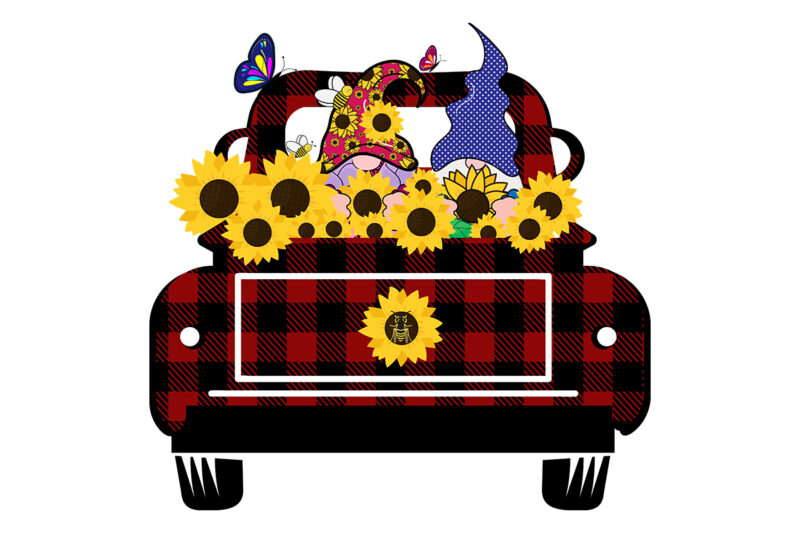 Summer Truck Flower & Gnomes. Butterflies & Sunflower Lips