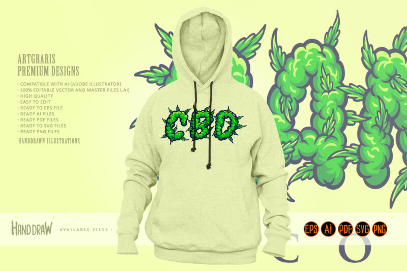 Cannabidiol word lettering with weed smoke Ilustrations