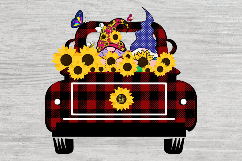 Summer Truck Flower & Gnomes. Butterflies & Sunflower Lips