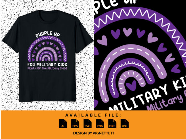 Purple up for military kids month of the military child t shirt print template, purple rainbow illustration for military child, cute heart vecctor