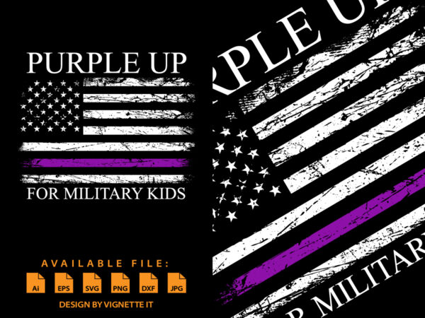 Purple up for military kids, month of the military child 2022, usa flag, american destroyed flag, purple line flag t shirt illustration