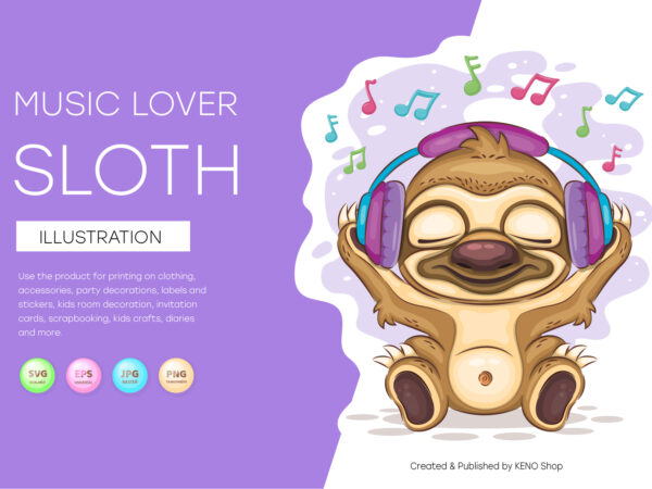 Sloth music lover. t-shirt, png, svg.