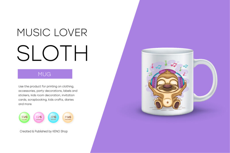 Sloth Music Lover. T-Shirt, PNG, SVG.