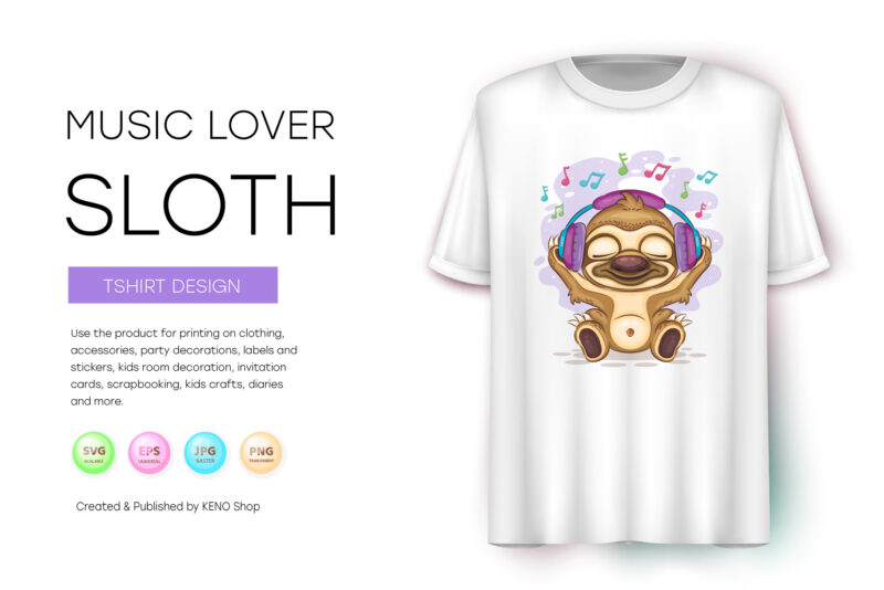 Sloth Music Lover. T-Shirt, PNG, SVG.