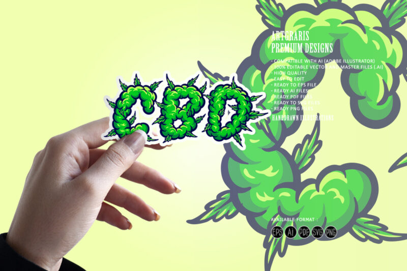 Cannabidiol word lettering with weed smoke Ilustrations