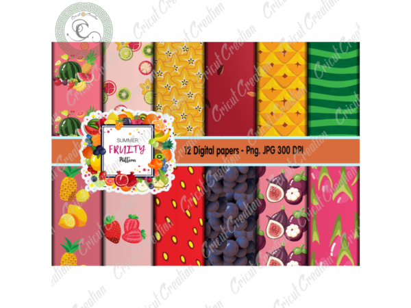 Summer fruits patterns, 12 digital papers jpg – png diy crafts, tropical fruits png files for cricut, fruits for summer pattern silhouette files, trending cameo htv prints t shirt template vector