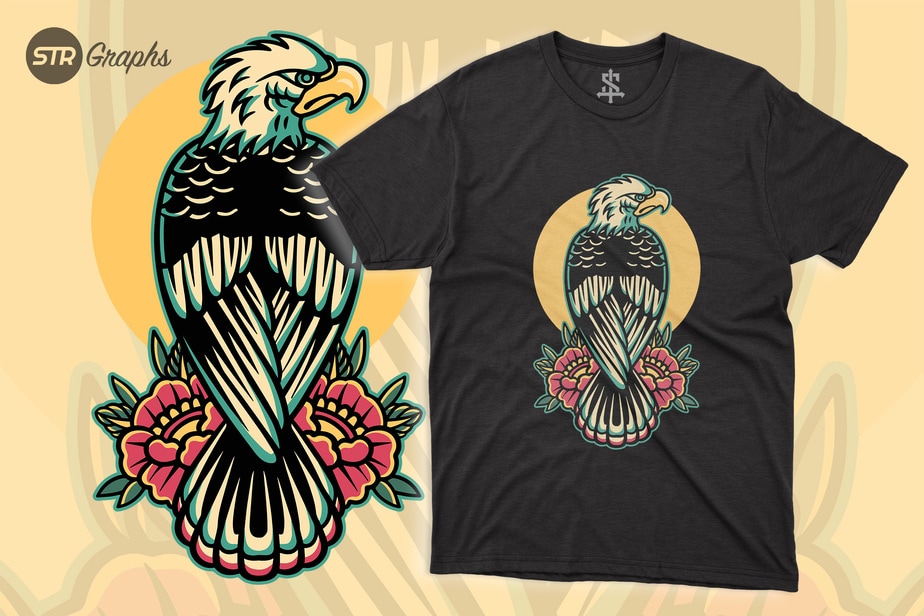 Eagel And Roses - Retro Style - Buy t-shirt designs