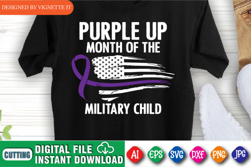 Purple up month of the military child t shirt print template, Destroyed USA flag illustration for military child, Purple ribbon vector, American flag