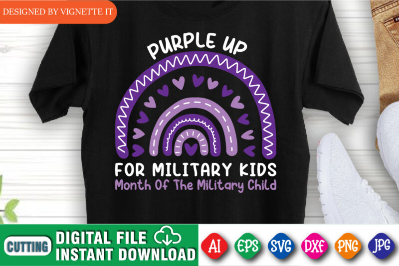 Purple up for military kids month of the military child t shirt print template, Purple rainbow illustration for military child, Cute heart vecctor