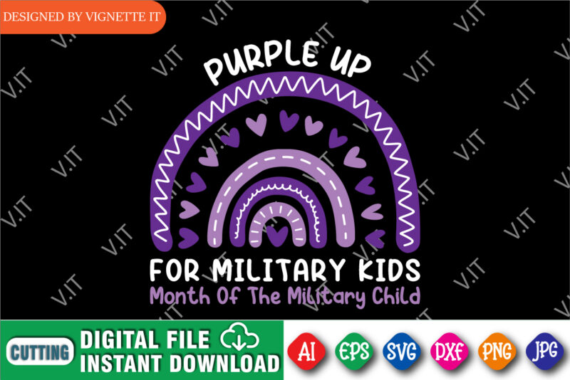 Purple up for military kids month of the military child t shirt print template, Purple rainbow illustration for military child, Cute heart vecctor