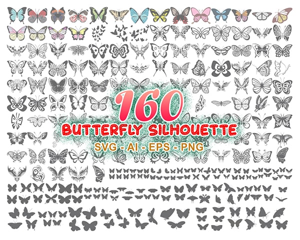 160 Combo Butterfly Silhouette SVG, Butterfly Clipart Bundle, Butterfly Svg cut files for Cricut, Svg Designs. Png