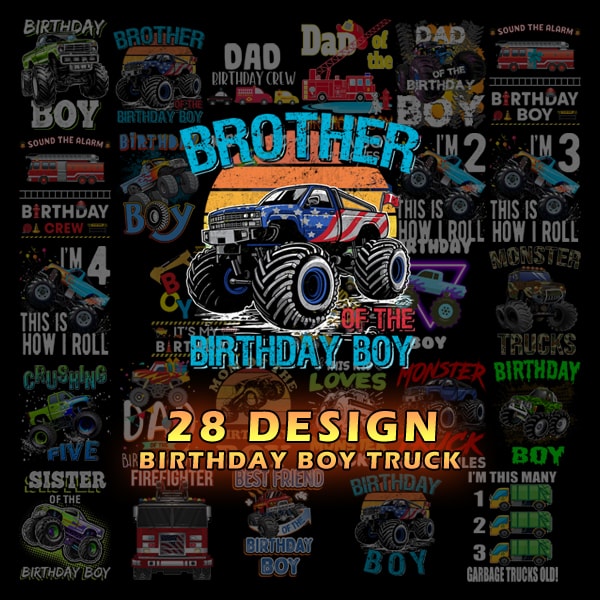 28 Monster Truck Png, Boy Monster Truck Birthday png, Matching Family of the birthday Boy png