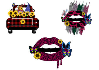 Summer Truck Flower & Gnomes. Butterflies & Sunflower Lips