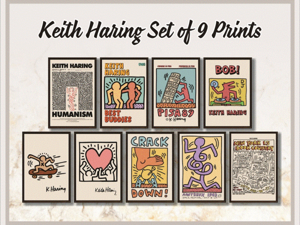 Keith haring set of 9 prints, gallery wall set, exhibition poster, keith haring poster set, prints wall art, printable wall art 1039067129 t shirt vector art