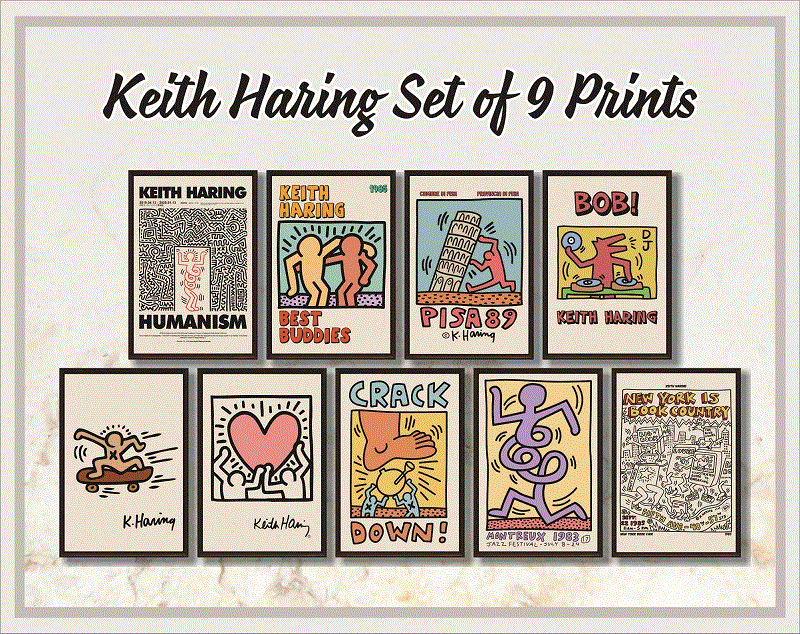 Keith Haring Set of 9 Prints, Gallery Wall Set, Exhibition Poster, Keith Haring Poster Set, Prints Wall Art, Printable Wall Art 1039067129