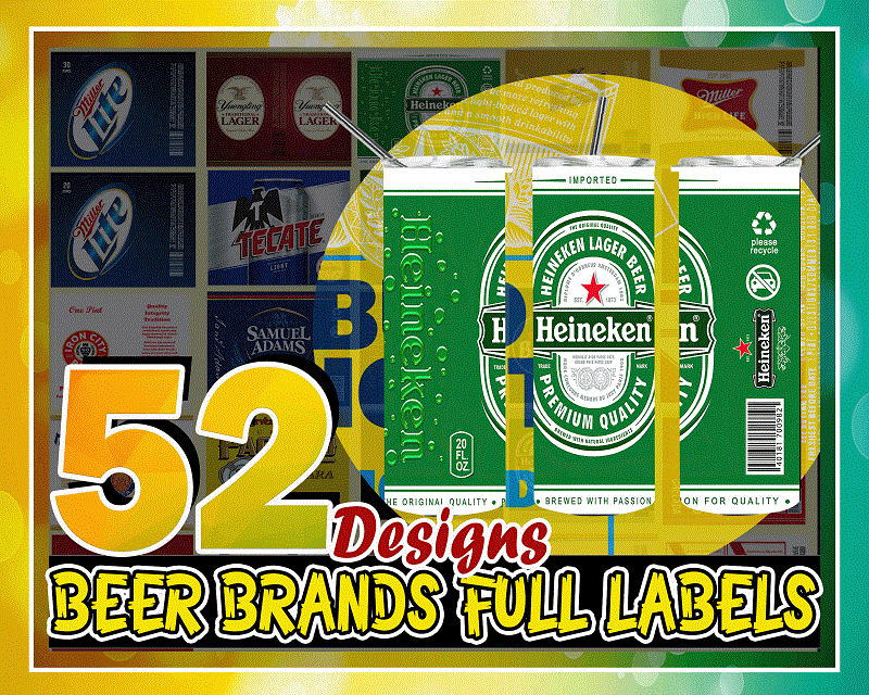 52 Beer Brands Full Labels Designs, Straight Tapered, Template For Sublimation, Full Tumbler Wrap, PNG Digital Download 1000618922