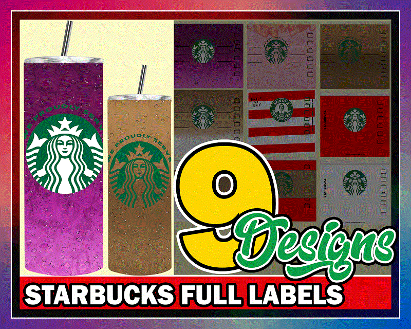 9 Starbucks Full Labels Designs, Straight Tapered, Template For Sublimation, Full Tumbler Wrap, Digital Download, Tumbler Sublimation 1000618922