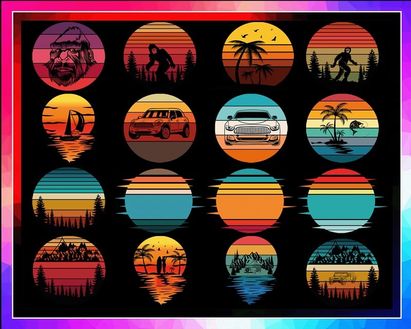 59 Designs Sunset Png bundle, vintage retro sunset png, Retro Tropical Beach Png, Beach Palm Tree, Sunset sublimation, vintage retro bundle 964124587