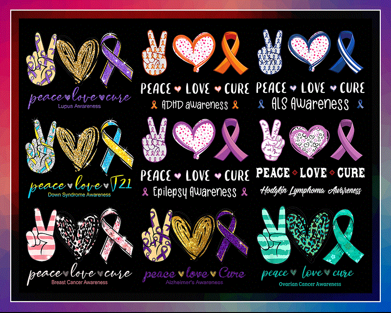 25 Designs Peace love Cure PNG Bundle, Peace Love Cure Sublimation, Peace Love Cure PNG, Awareness Designs, Commercial Use, Digital Download 932855979