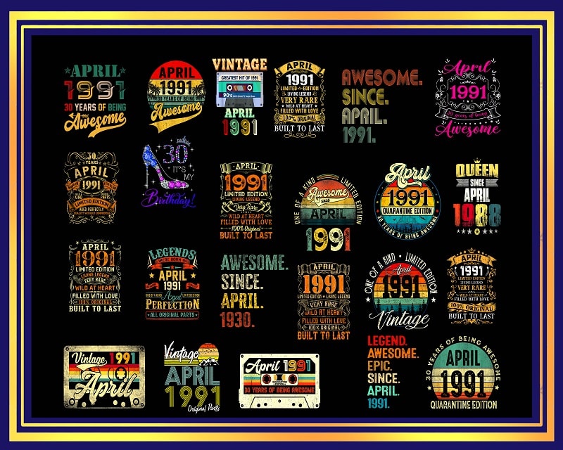 350+ Vintage Retro 1991 Birthday 30th Birthday Gift PNG Files For Shirt, Print To Cut Files Combo, PNG Bundles, Digital Download 983495166