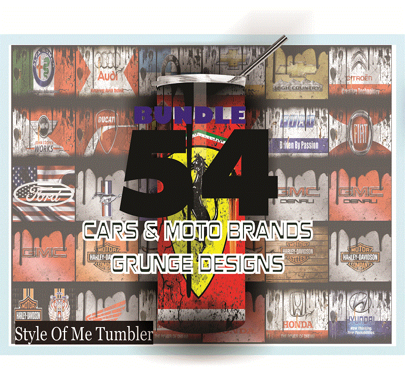 Combo 54 Cars & Moto Brands Grunge Design Tumber, 20oz Skinny Straight,Template for Sublimation,Full Tumbler, PNG Digital Download 1014533239