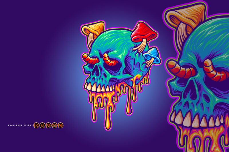 Psychedelic skull mushrooms melted colorful Illustrations