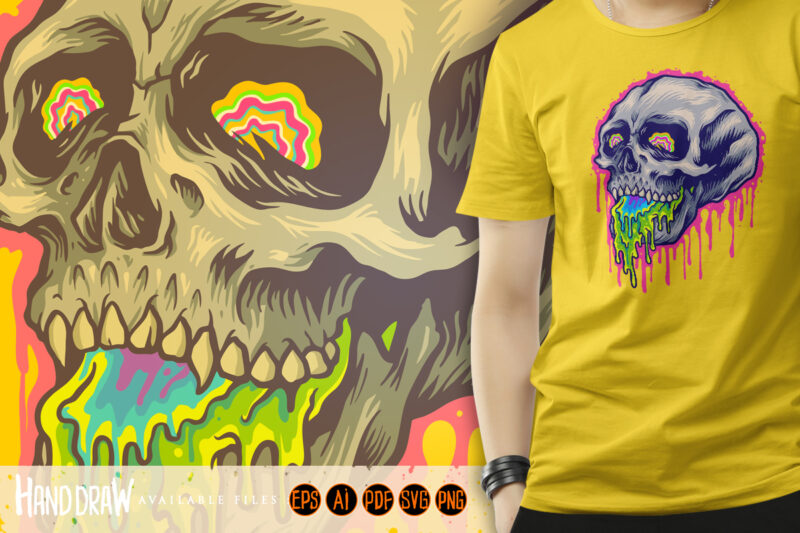 Psychedelic Scary colorful stone Skull Melting Illustrations