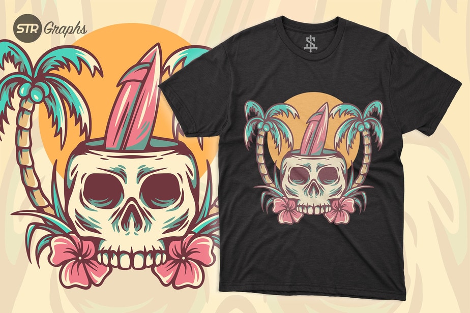 Skull Summer Day - Retro Illustration - Buy t-shirt designs