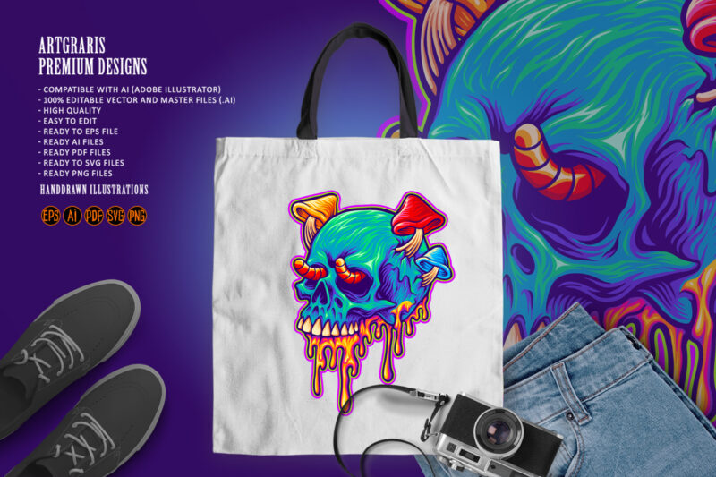 Psychedelic skull mushrooms melted colorful Illustrations - Buy t-shirt ...