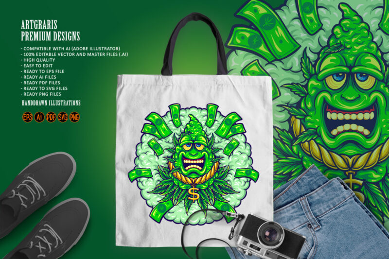 Funky weed leaf Mascot money cash Cartoon Illustrations