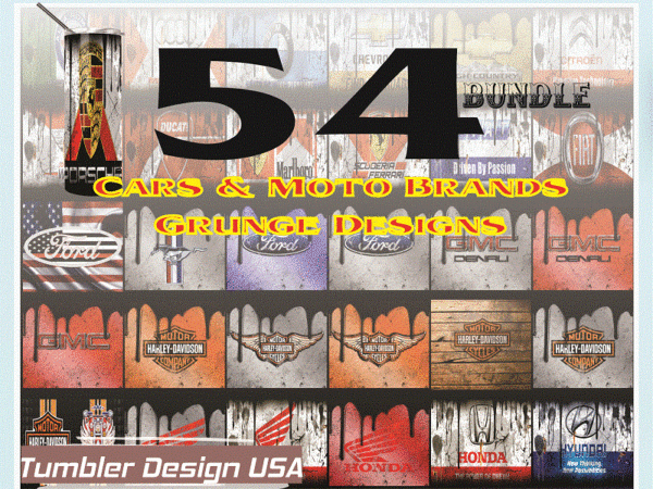 Combo 54 cars & moto brands grunge design tumber, 20oz skinny straight,template for sublimation,full tumbler, png digital download 1014533239